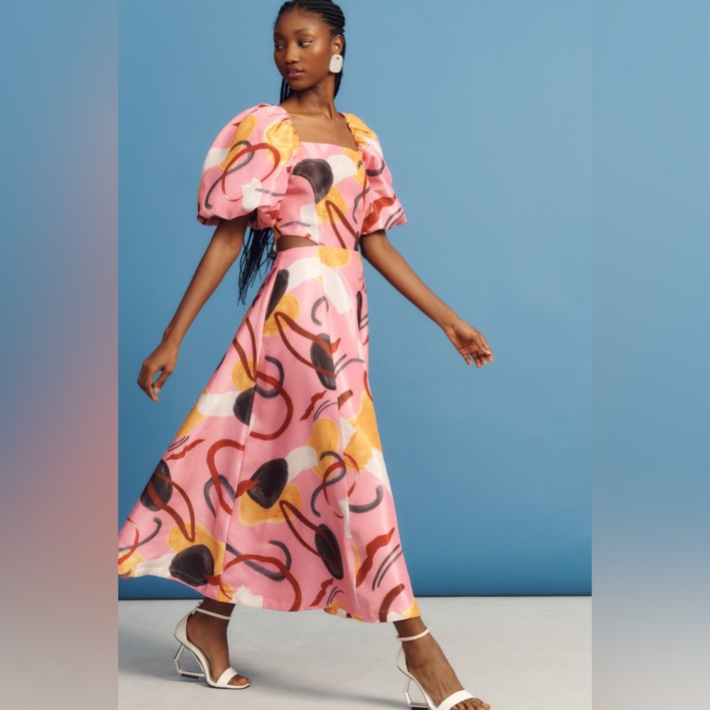 Anthropologie Aureta Studio Printed Puff-Sleeve Cutout Dress size L